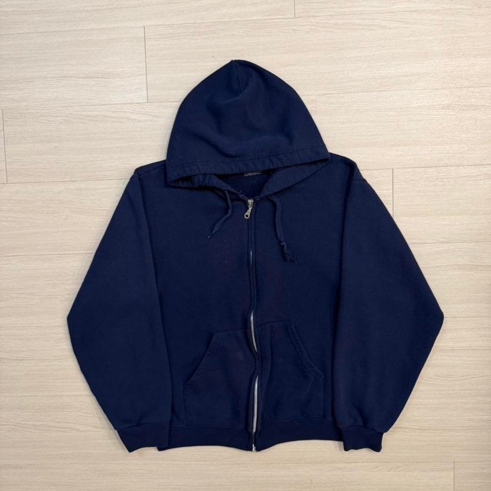 Vintage Navy Blue Fruit Of The Loom Blank Full Zip Up Hoodie Men's Size Small